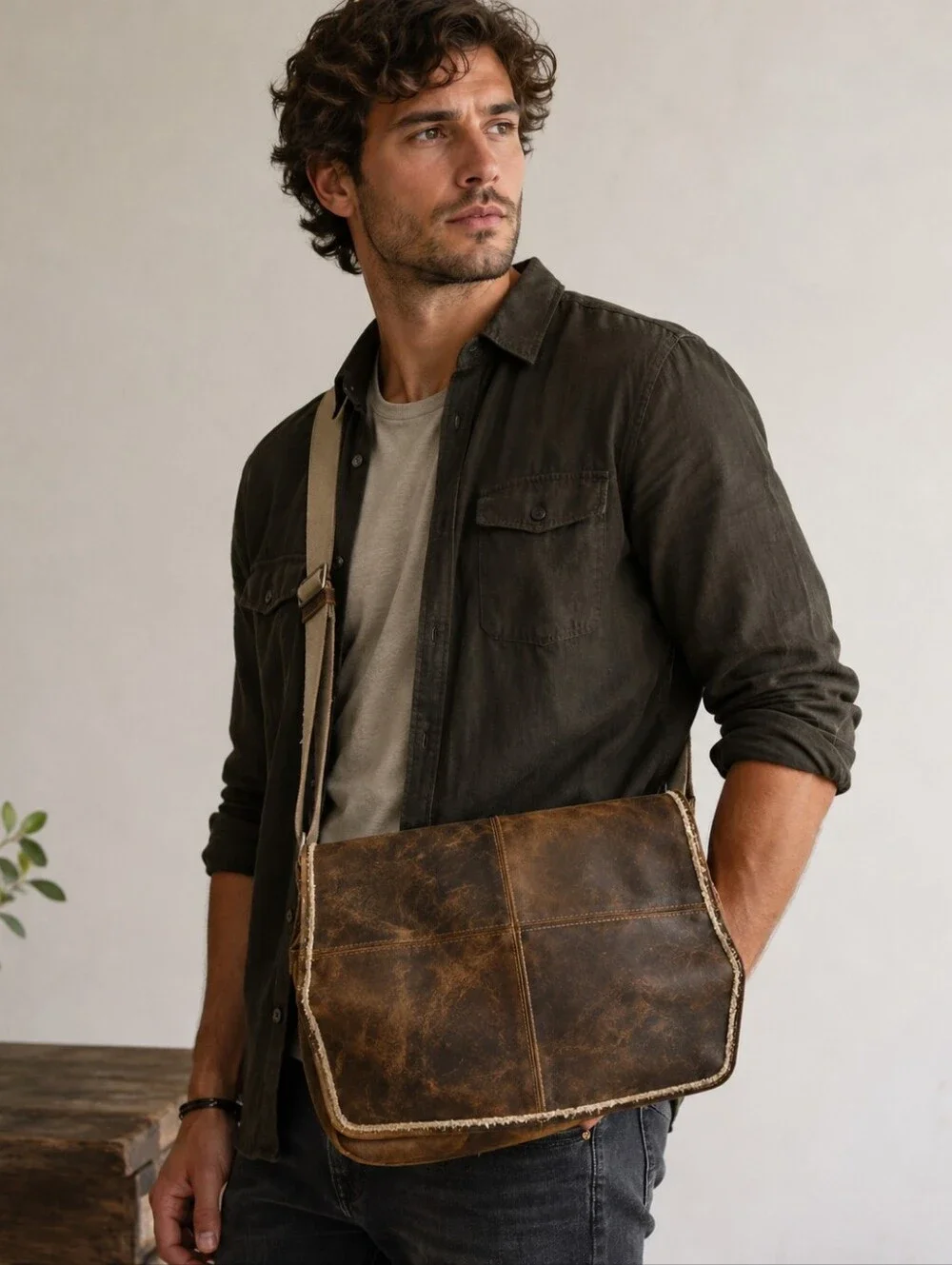 M Julian‎ Distressed Leather Messenger Bag Brown Rustic Laptop Satchel